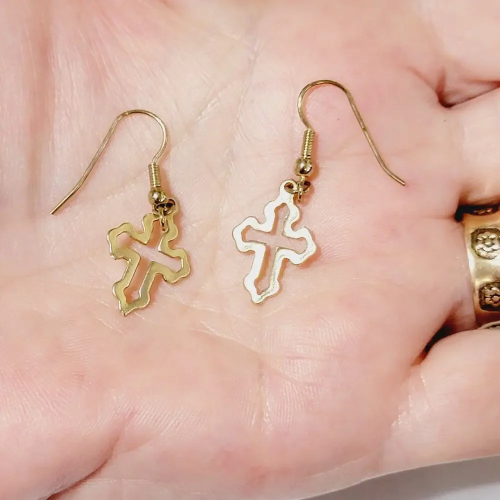Vintage Cross Dangle Pierced Earrings Gothic Gold-tone Open-Wrought 1 5/8